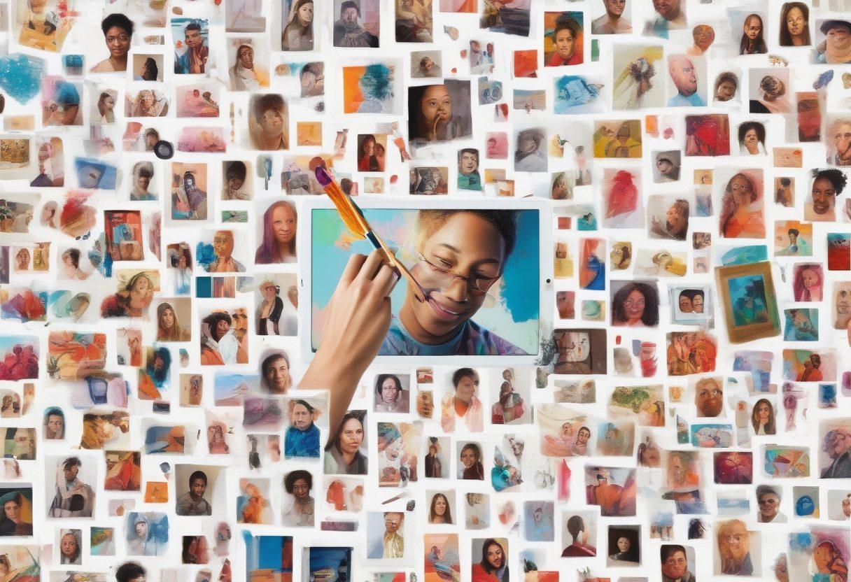 A vibrant collage showcasing diverse artists from various backgrounds sharing their art online, with screens displaying colorful digital artwork and creative expressions. Include elements like paint brushes, digital tablets, and artistic tools, surrounded by a lively, supportive community of people interacting joyfully. The scene should convey a sense of connection, creativity, and shared inspiration. super-realistic. vibrant colors. white background.