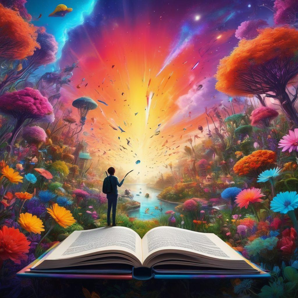 A vibrant explosion of colors depicting a whimsical garden filled with quirky characters like pens, paintbrushes, and notebooks. In the background, a surreal digital landscape with floating words and glowing story elements, showing the fusion of nature and technology. Include silhouettes of bloggers engaging with the creative environment. playful and vibrant colors. surreal art style.