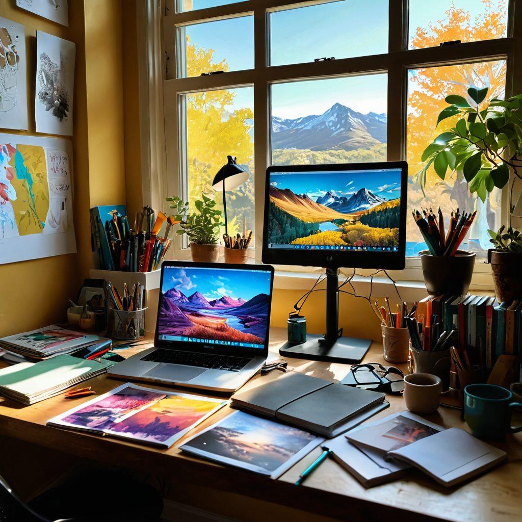 A dynamic workspace filled with colorful art supplies, sketchbooks, and a laptop displaying creative software, with vibrant visual narratives emerging from the screen, showcasing storytelling elements like characters, landscapes, and emotions intertwining. Natural light streaming in through a window, casting playful shadows. super-realistic. vibrant colors. bright background.